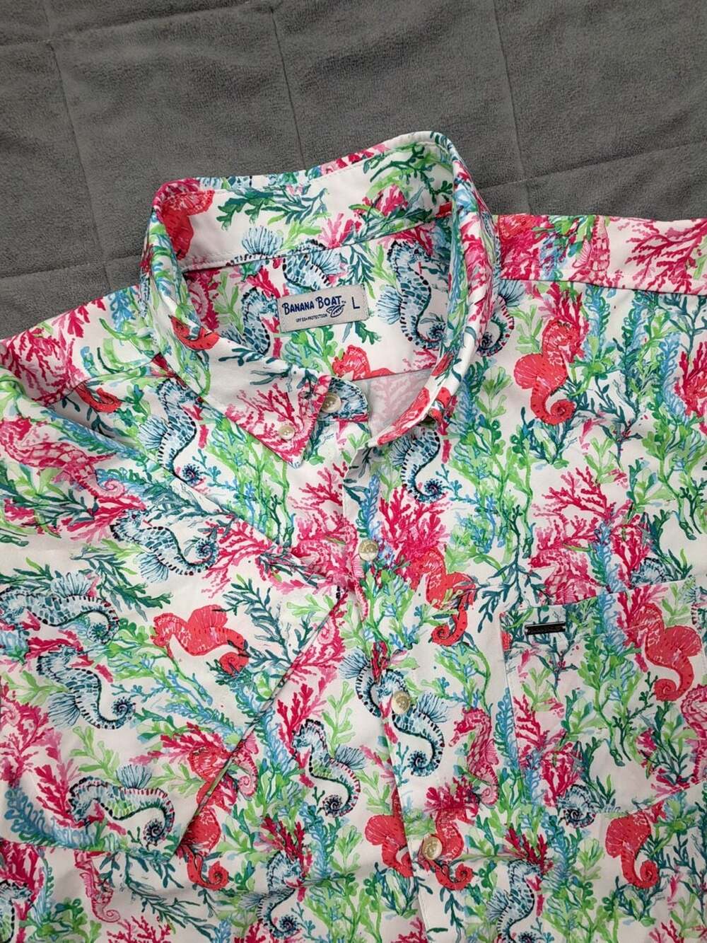 Banana Boat UPF 50+ Seahorse and Coral Print Short Sleeve Button-Down Shirt